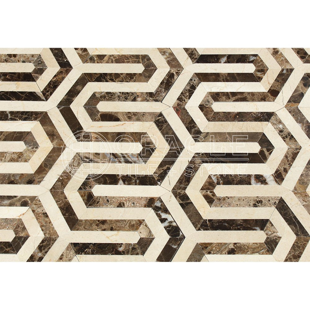 Emperador Dark Spanish Marble Berlinetta Design Mosaic Tile with Crema Marfil Marble, Polished - Tilefornia