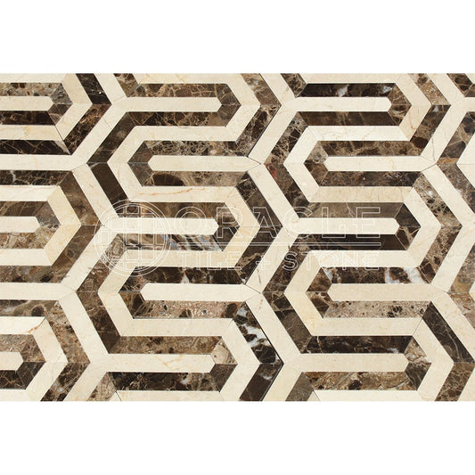 Emperador Dark Spanish Marble Berlinetta Design Mosaic Tile with Crema Marfil Marble, Polished - Tilefornia