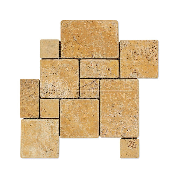 Gold (Yellow) Travertine Opus Mini Pattern 4 Piece Interlocking Mosaic Tile, Tumbled - Tilefornia