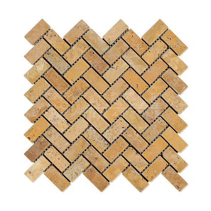 Gold (Yellow) Travertine 1X2 Herringbone Mosaic Tile, Tumbled - Tilefornia