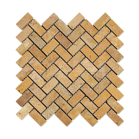 Gold (Yellow) Travertine 1X2 Herringbone Mosaic Tile, Tumbled - Tilefornia