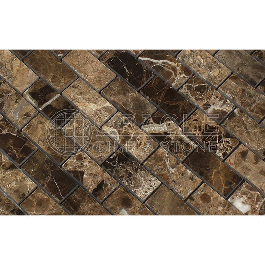 Emperador Dark Spanish Marble 1 X 2 Brick Mosaic Tile, Split-Faced - Tilefornia