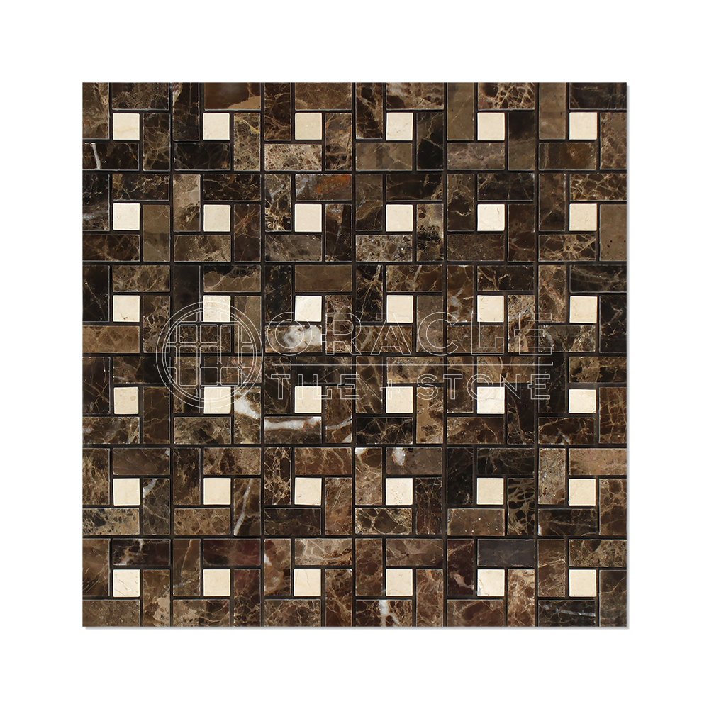 Emperador Dark Spanish Marble Pinwheel Mosaic Tile with Crema Marfil Marble Dots, Polished - Tilefornia