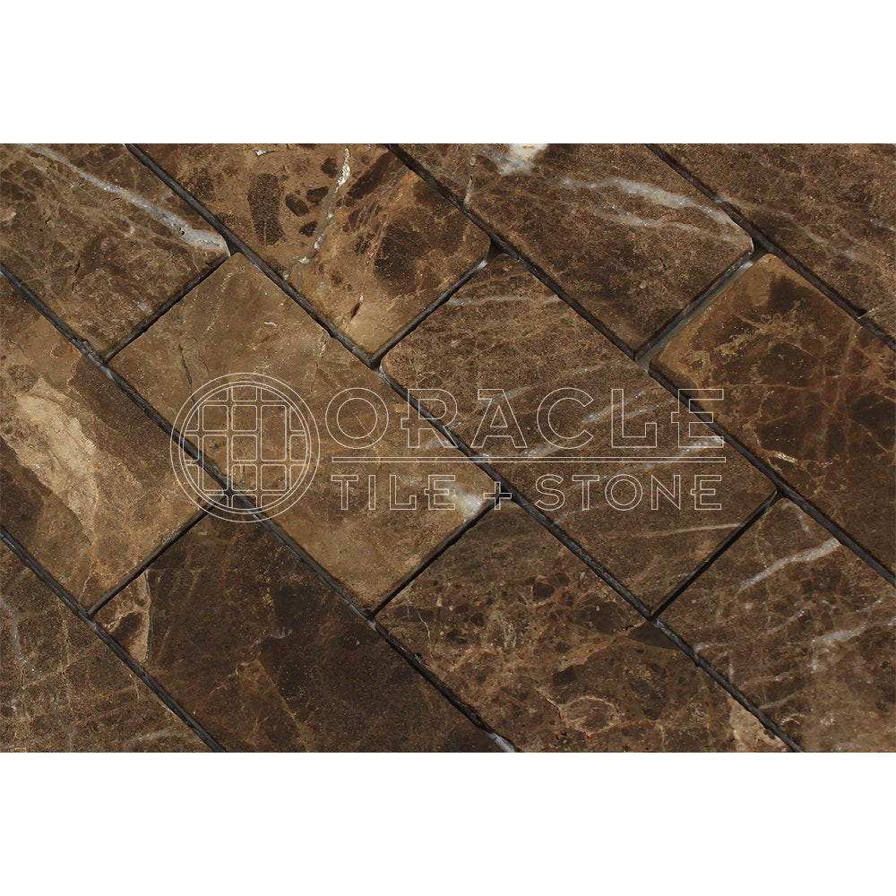 Emperador Dark Spanish Marble 2 X 4 Brick Mosaic Tile, Tumbled - Tilefornia