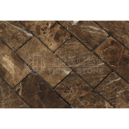Emperador Dark Spanish Marble 2 X 4 Brick Mosaic Tile, Tumbled - Tilefornia