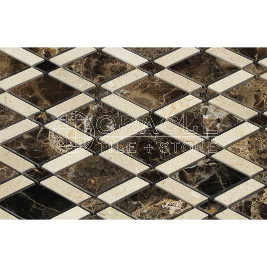 Emperador Dark Spanish Marble Lattice (Emperador Dark + Crema Marfil) Mosaic Tile, Polished - Tilefornia