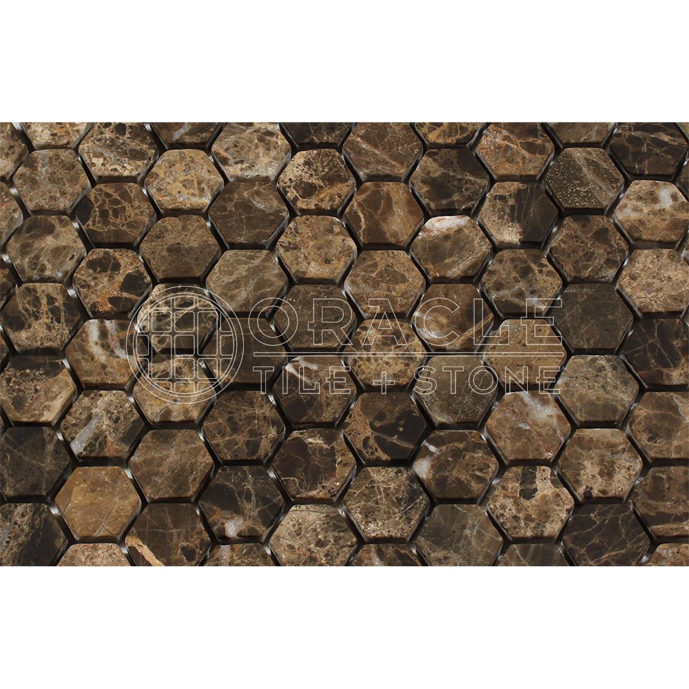 Emperador Dark Spanish Marble 1 inch Hexagon Mosaic Tile, Tumbled - Tilefornia