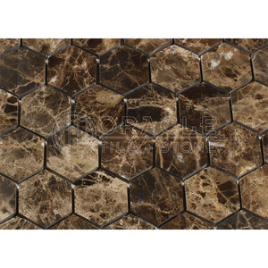 Emperador Dark Spanish Marble 2 inch Hexagon Mosaic Tile, Tumbled - Tilefornia