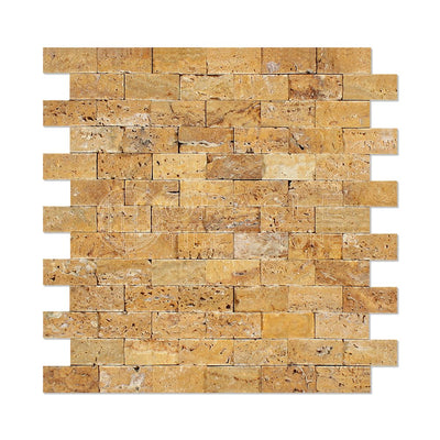 Gold Travertine Brick Mosaic Tile 1x2, Split Face