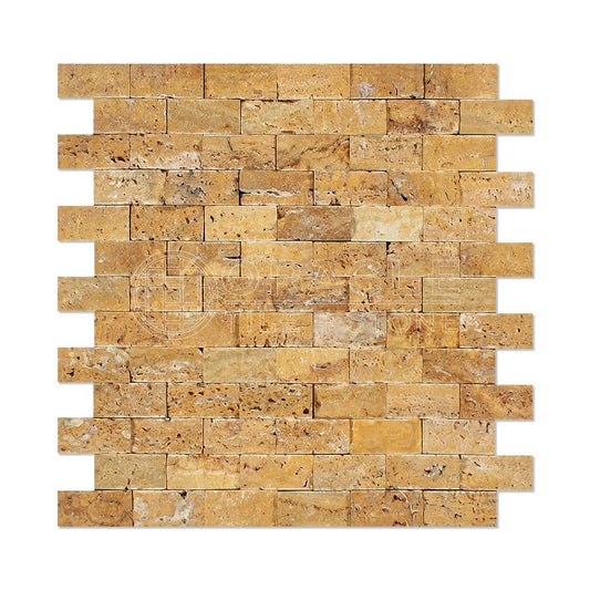 Gold (Yellow) Travertine 1 X 2 Brick Mosaic Tile, Split-Faced - Tilefornia