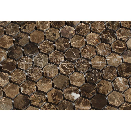 Emperador Dark Spanish Marble 1 inch Hexagon Mosaic Tile, Polished - Tilefornia