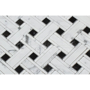 Carrara White Italian (Bianco Carrara) Marble Triple-Weave with Black Marble Dots, Honed - Tilefornia