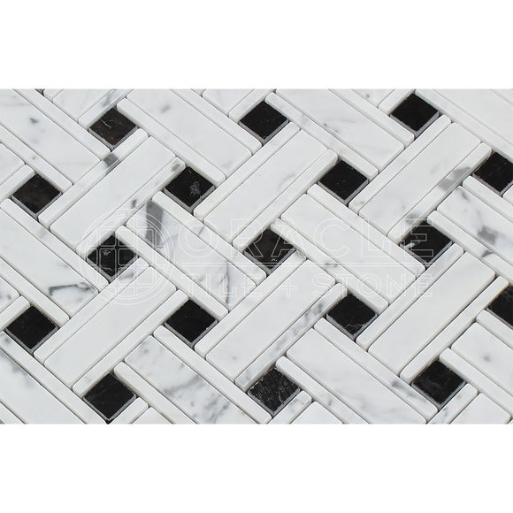 Carrara White Italian (Bianco Carrara) Marble Triple-Weave with Black Marble Dots, Polished - Tilefornia