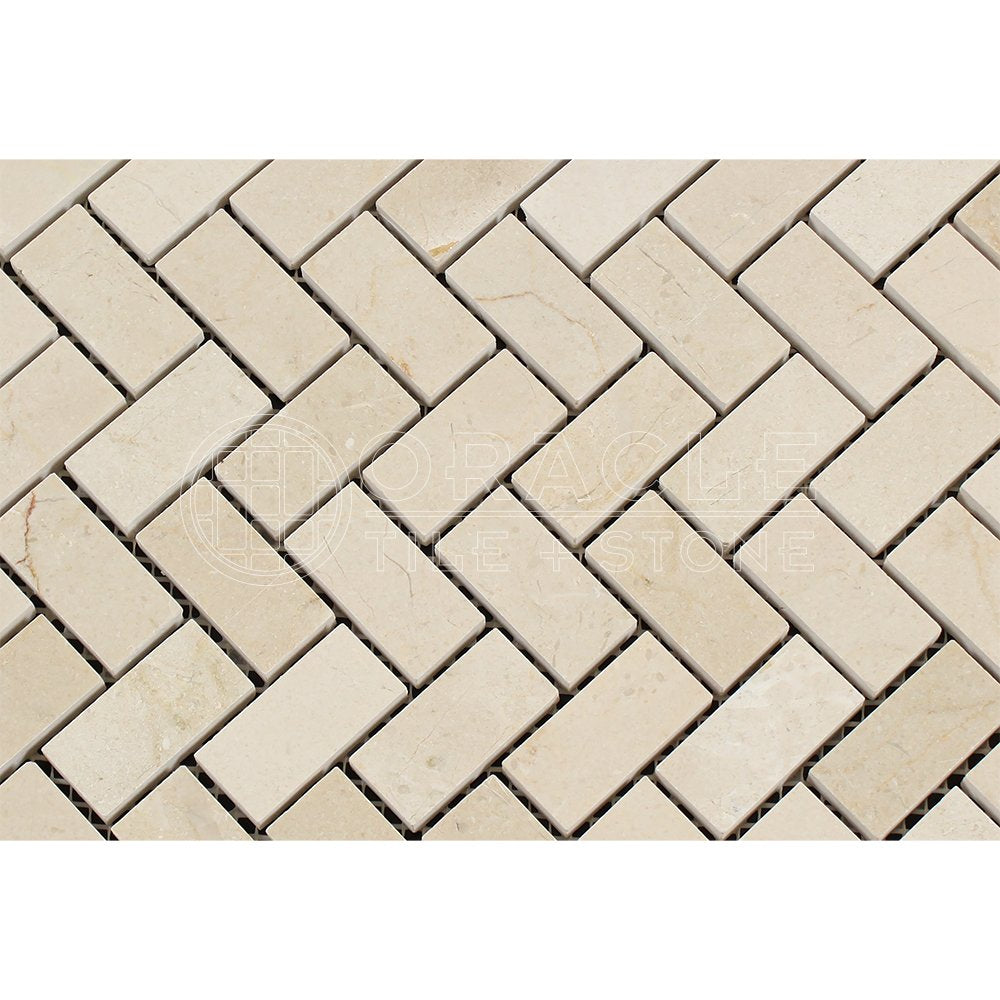 Crema Marfil Spanish Marble 1 X 2 Herringbone Mosaic Tile, Polished - Tilefornia