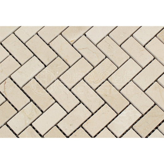 Crema Marfil Spanish Marble 1 X 2 Herringbone Mosaic Tile, Polished - Tilefornia