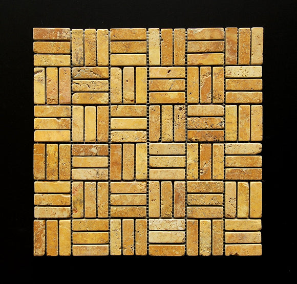 Gold / Yellow Travertine Tumbled 3-Strip Medici Mosaic Tile - Tilefornia