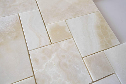 White Onyx OPUS Mini Pattern Mosaic Tile, Cross-Cut, Polished - Box of 5 Sheets - Tilefornia