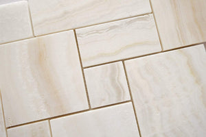 White Onyx OPUS Mini Pattern Mosaic Tile, Cross-Cut, Polished - 1 full sheet - Tilefornia