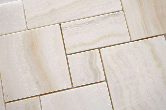 White Onyx OPUS Mini Pattern Mosaic Tile, Cross-Cut, Polished - Sample - Tilefornia