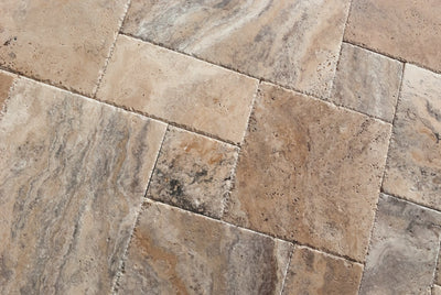 Beige Philadelphia Travertine French Pattern Tile (Versailles), Brushed & Chiseled & Unfilled