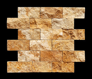 Gold / Yellow Travertine 2 X 4 Split-Faced Brick Mosaic Tile - 6" X 6" Sample - Tilefornia