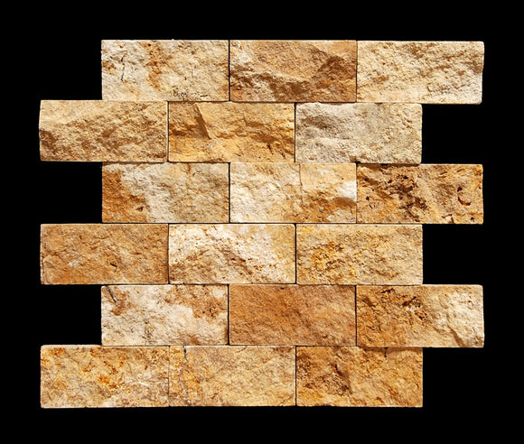 Gold / Yellow Travertine 2 X 4 Split-Faced Brick Mosaic Tile - 6