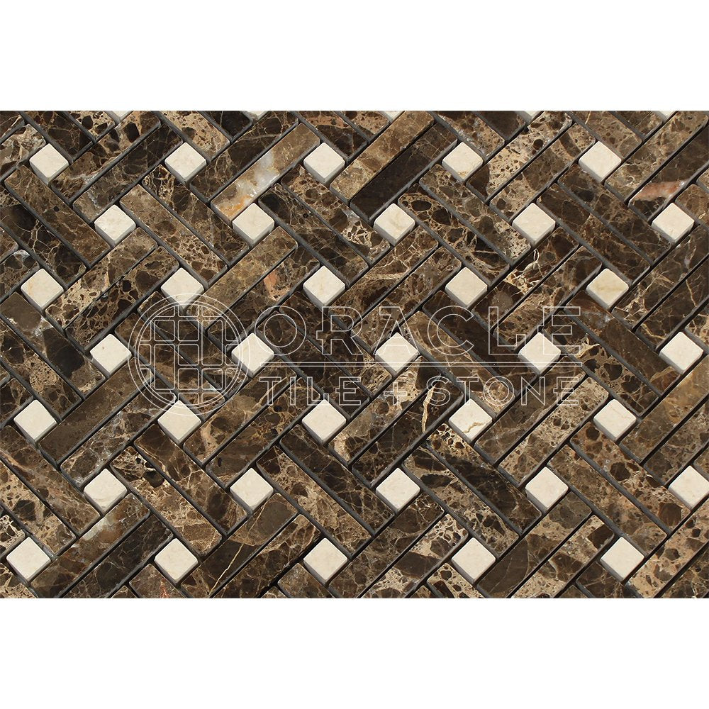 Emperador Dark Spanish Marble Stanza Mosaic Tile with Crema Marfil Marble Dots. Polished - Tilefornia