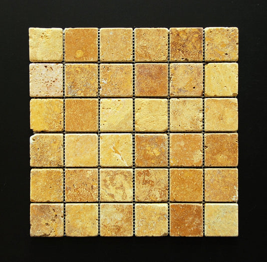 Gold/Yellow 2 X 2 Tumbled Travertine Mosaic Tile - Tilefornia