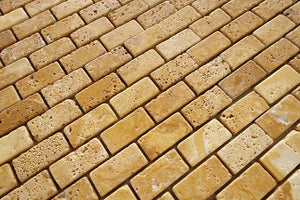 Gold Yellow Travertine 1X2 Tumbled Brick Mosaic Tile - STANDARD QUALITY - Lot of 15 Sheets - Tilefornia