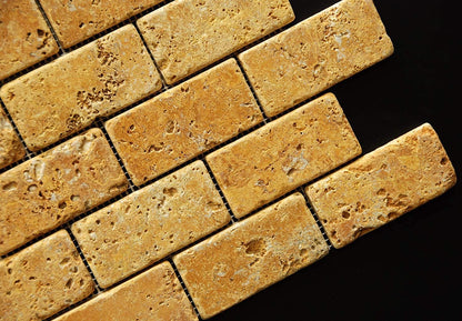 Gold/Yellow 2X4 Travertine Tumbled Brick Mosaic Tile - Tilefornia