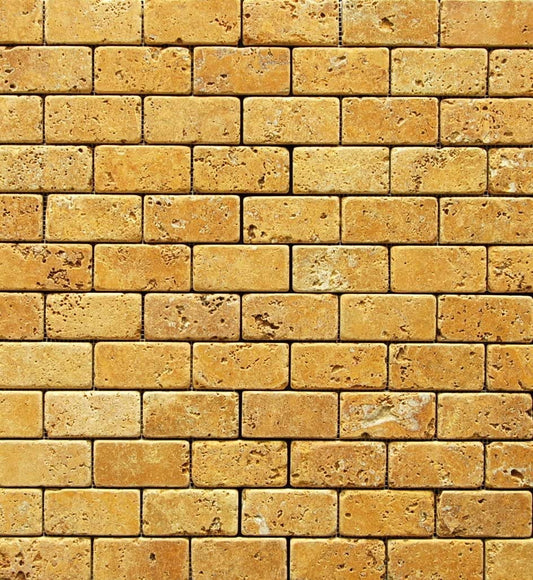 Gold/Yellow 2X4 Travertine Tumbled Brick Mosaic Tile - Tilefornia