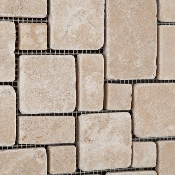 Durango Cream (Paredon) Travertine Tumbled Mini-Versailles Pattern Mosaic Tile - Sample Piece - Tilefornia