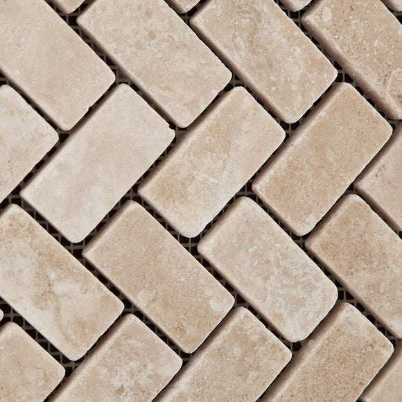 Durango Cream (Paredon) Travertine Tumbled Herringbone Mosaic Tile - Sample Piece - Tilefornia