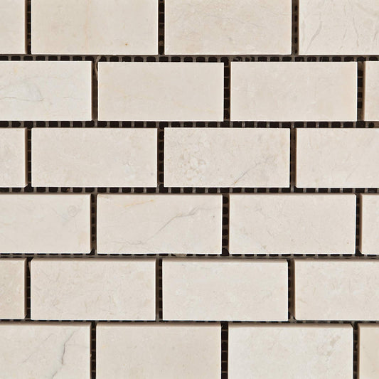 White Pearl / Botticino Marble 1 X 2 Polished Brick Mosaic Tile - Lot of 50 Sheets - Tilefornia