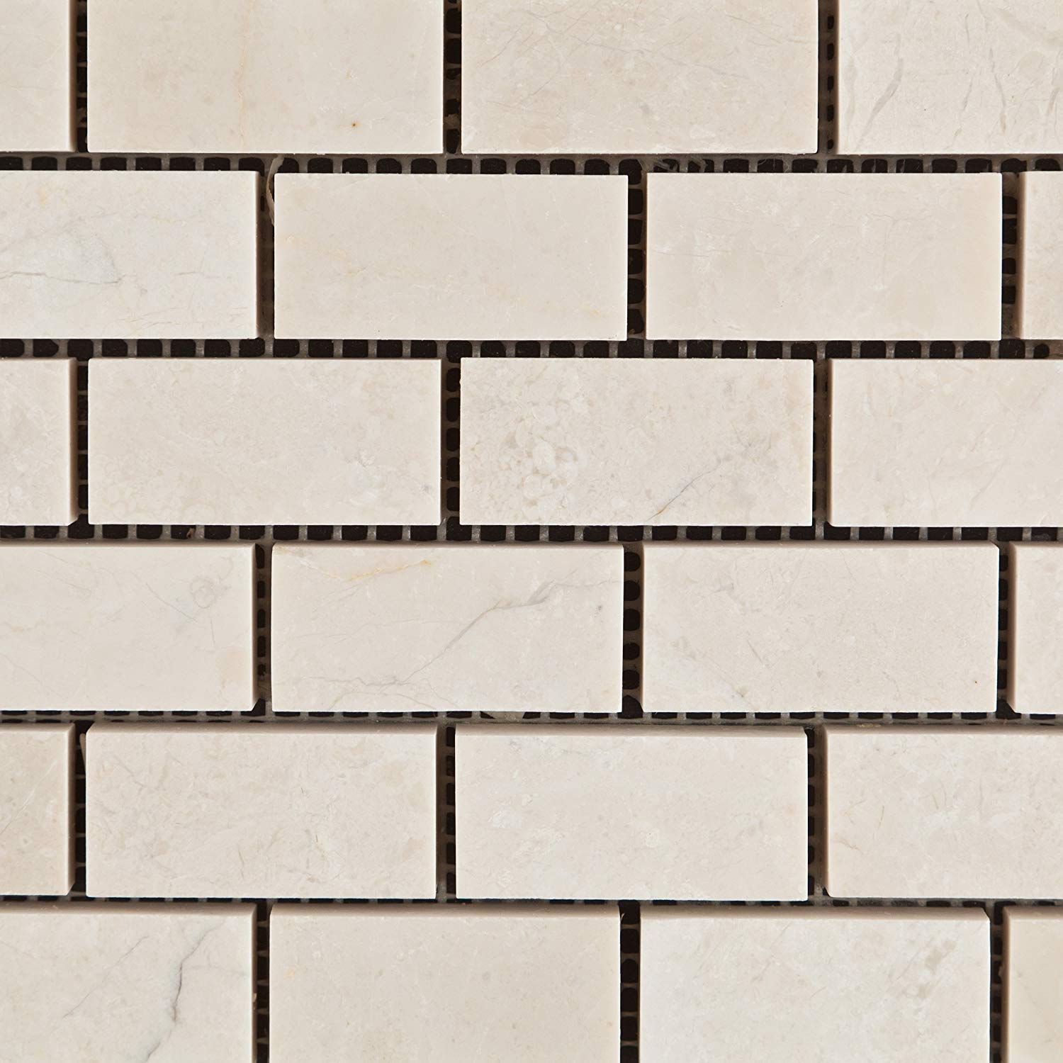 White Pearl / Botticino Marble 1 X 2 Polished Brick Mosaic Tile - 6" X 6" Sample - Tilefornia