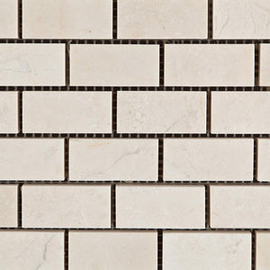 White Pearl / Botticino Marble 1 X 2 Polished Brick Mosaic Tile - 6" X 6" Sample - Tilefornia
