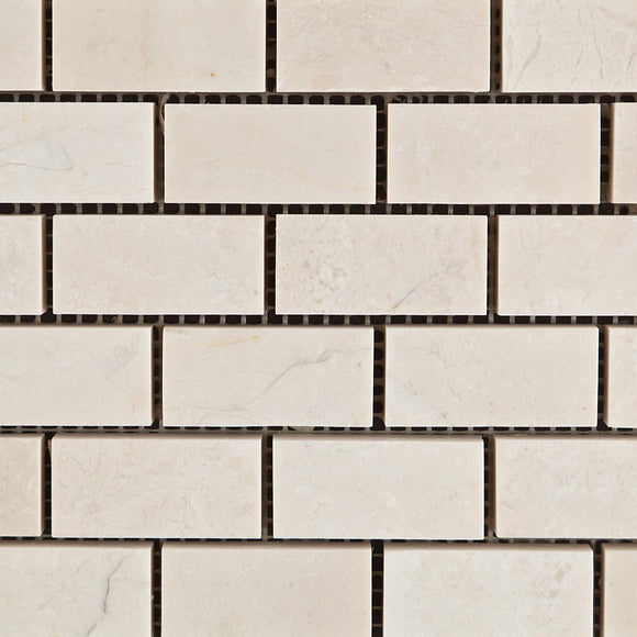 White Pearl / Botticino Marble 1 X 2 Polished Brick Mosaic Tile - Lot of 50 Sheets - Tilefornia