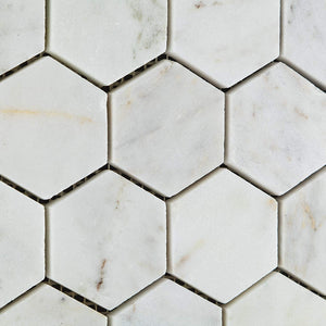 White Carrara (Bianco Venatino) Marble 2" Polished Hexagon Mosaic Tile on 12x12 Sheet - Lot of 50 Sheets - Tilefornia