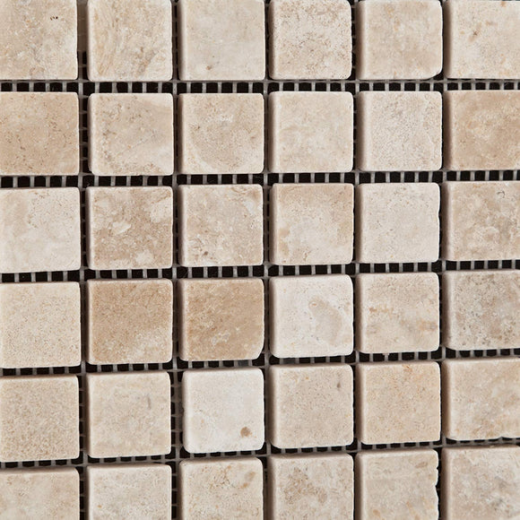 Durango Cream (Paredon) Travertine 1 X 1 Tumbled Mosaic Tile - Sample Piece - Tilefornia