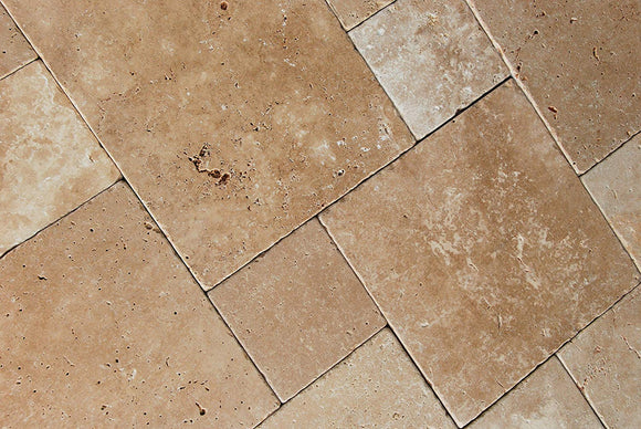 Warm Walnut Travertine Versailles French Pattern Premium Quality Tiles, Tumbled (Small Sample) - Tilefornia