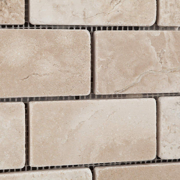 Durango Cream (Paredon) Travertine 2 X 4 Tumbled Brick Mosaic Tile - Sample Piece - Tilefornia