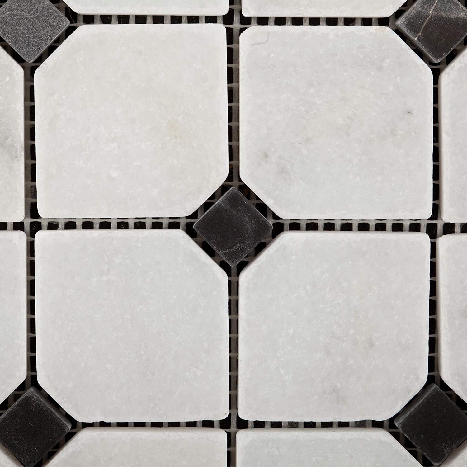 Bianco Venatino Marble Tumbled Octagonal Mosaic Tile w/ Black Dots - 6" X 6" Sample - Tilefornia