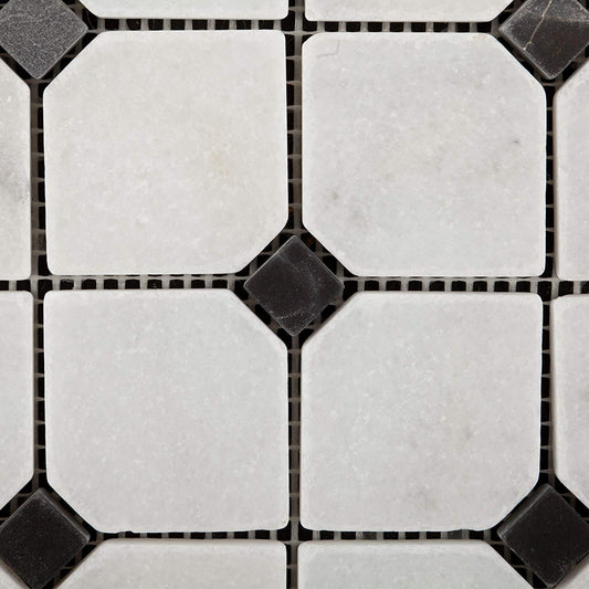 Bianco Venatino Marble Tumbled Octagonal Mosaic Tile w/ Black Dots - 6" X 6" Sample - Tilefornia