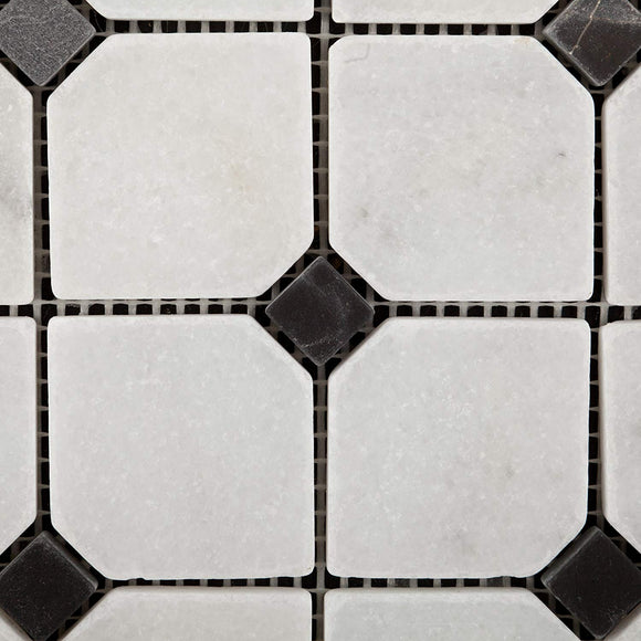 Bianco Venatino Marble Tumbled Octagonal Mosaic Tile w/ Black Dots - Lot of 50 Sheets - Tilefornia