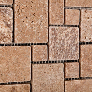 Andean Walnut Peruvian Travertine Mini-Versailles Tumbled Mosaic Tile - 6" X 6" Sample - Tilefornia