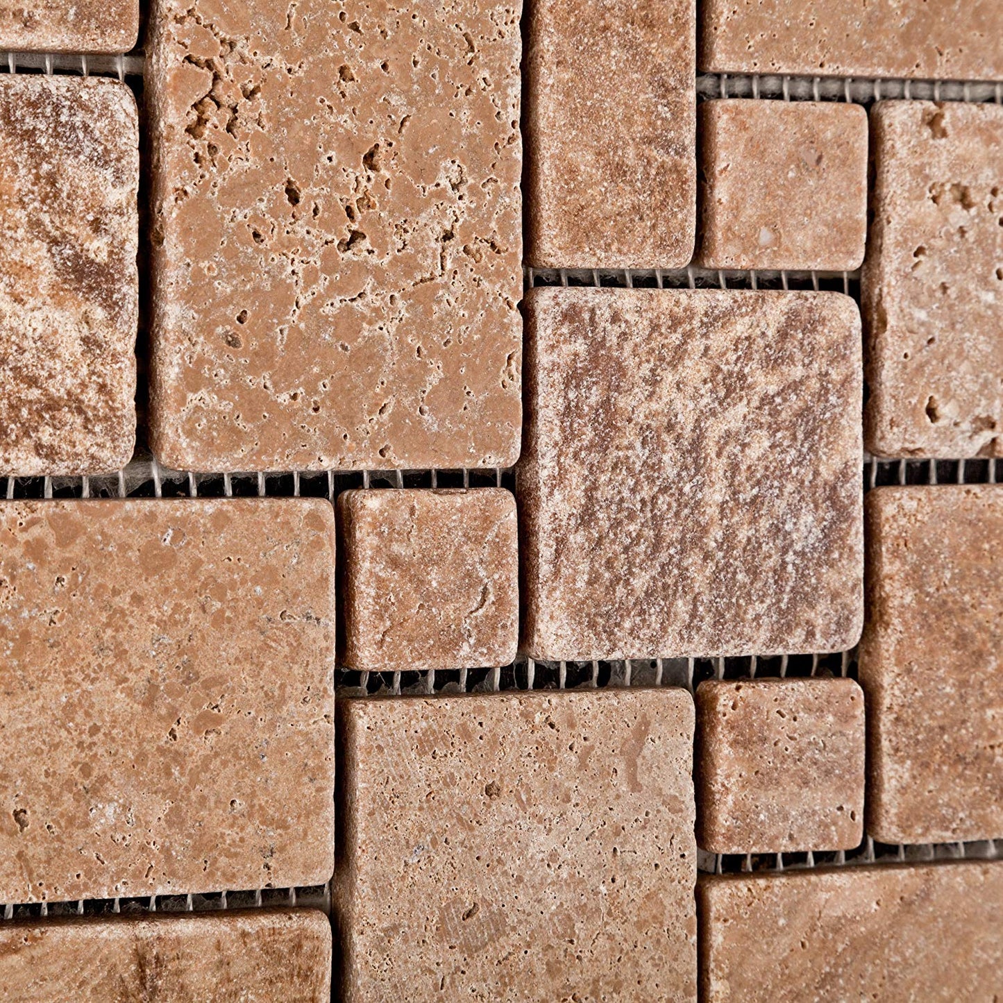 Andean Walnut Peruvian Travertine Mini-Versailles Tumbled Mosaic Tile - Box of 5 Sheets - Tilefornia