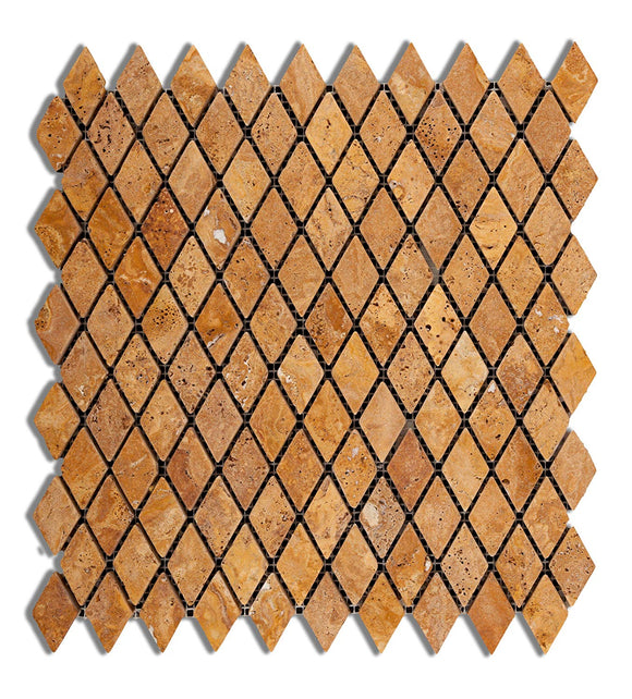 Gold / Yellow Travertine 1 X 2 Diamond - Rhomboid Tumbled (Matte / Non-Shiny) Mosaic Tile - 6