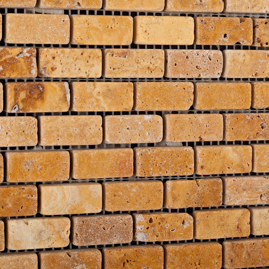 Gold / Yellow Travertine Mini - Brick Tumbled Mosaic Tile - 6" X 6" Sample - Tilefornia