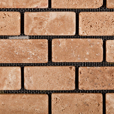 Brown Travertine Brick Mosaic Tile 1x2, Tumbled