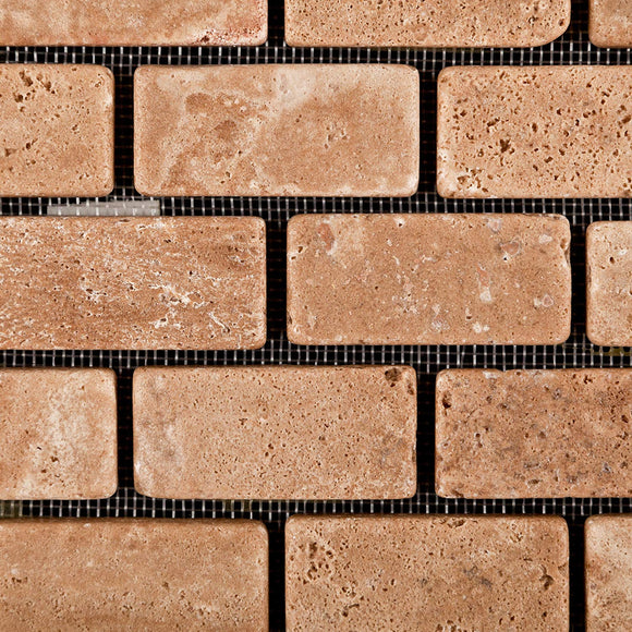 Andean Walnut Peruvian Travertine 1 X 2 Tumbled Brick Mosaic Tile - Lot of 50 Sheets - Tilefornia